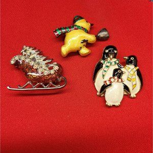 Christmas Pins/ Brooch Set of 3 Christmas Sleigh & Tree, Penguin Family, Snowman